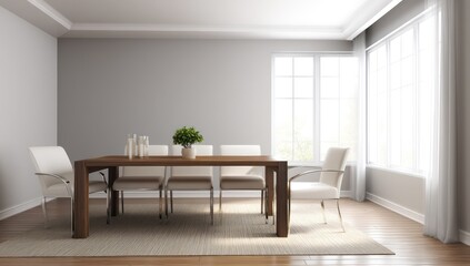 Fototapeta premium Bright and welcoming dining room with simple table, modern chairs, and clean decor details.