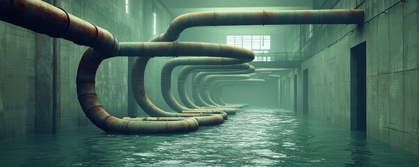 Industrial pipes in an underground waterway, showcasing a unique perspective of infrastructure.