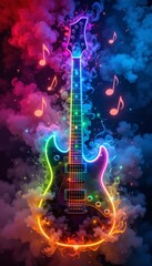 Fototapeta premium Neon Electric Guitar with Musical Notes in Colorful Smoke and Sparks – High Detail Dreamy Background