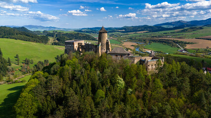 Stara Lubovna castle in Slovakia, aerial drone view