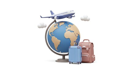 Fototapeta premium Globetrotting Adventure: Airplane, Luggage, and World Map in a Playful 3D Style