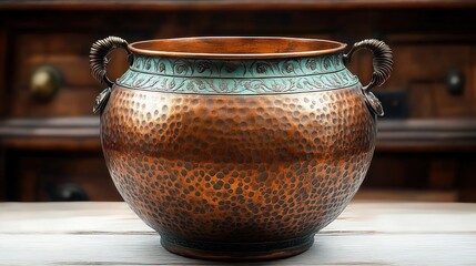 Ornate hammered copper cauldron with decorative handles and green patina band sits on wooden surface in warm setting