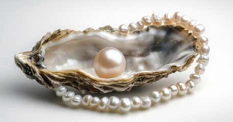 Close-up of a lustrous pearl inside an open oyster shell with a curved string of white pearls arranged beside it on a white surface