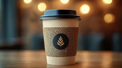 Close-up of a disposable coffee cup with a patterned sleeve featuring a leaf design, placed on a wooden table with warm bokeh lights in background