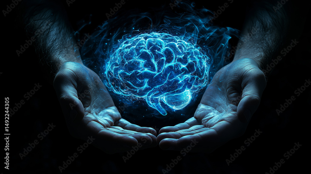 Poster Man holding a floating digital 3D hologram projection of a human brain on dark background. Generative ai