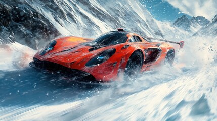 Red supercar snow mountain race, winter blizzard backdrop, speed action