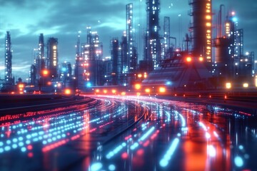 Obraz premium Futuristic industrial complex glowing with neon blue and red lights reflecting on wet surfaces under a cloudy sky at dusk