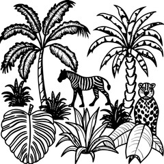 Black and white zebra and leopard in tropical paradise