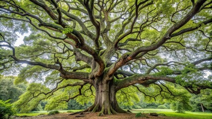 Fototapeta premium A tree with a gnarled trunk and twisted branches stands tall, its bark weathered to a silvery gray , old tree, foliage