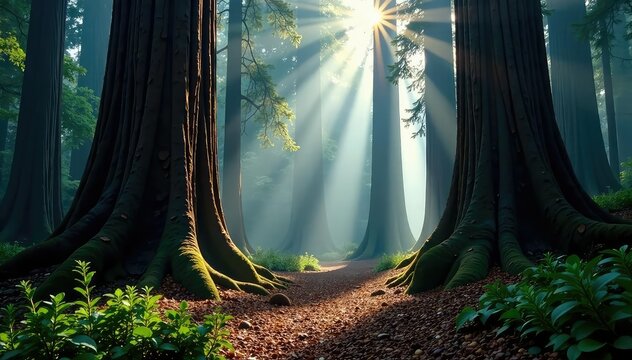 Ancient redwood forest, towering trees, misty air, nature, woods