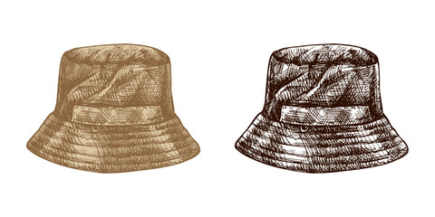 Hand drawn vintage sketch of bucket hat in khaki and monochrome versions for travel and outdoor adventure design © Mariia Mazaeva