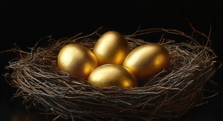 Fototapeta premium close-up of a bird's nest containing four shiny golden eggs on a dark background symbolizing wealth and prosperity