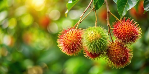 Rambutan fruit hanging from a branch on a lush green tree with a brown trunk and leaves, branch, greenery