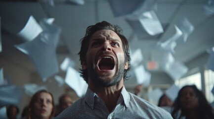 A boss is seen screaming passionately in an office setting while papers swirl around him. Colleagues watch with expressions of shock and concern in a moment of peak tension