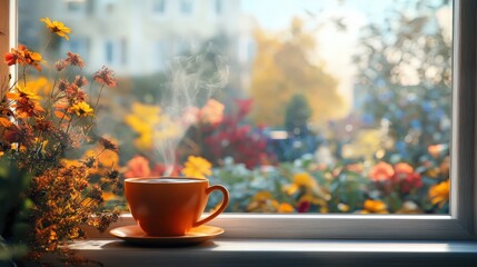 Warm autumnal beverage beside a window.
