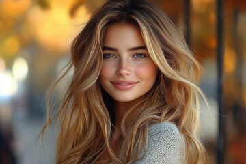 Fototapeta premium close-up portrait of a young woman with long wavy blonde hair smiling softly with a warm autumn background