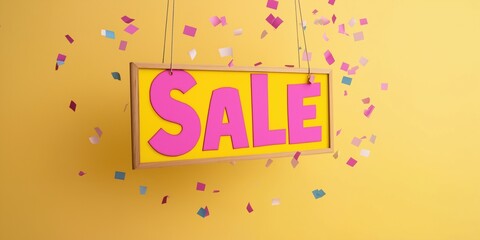 Bright pink sale sign with confetti on vibrant yellow background