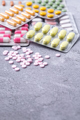 Variety of medicines and drugs.Medicine and healthcare concept.Variety of medicines and drugs.Medicine and healthcare concept.Pill for the prescription and treatment various diseases chemistry