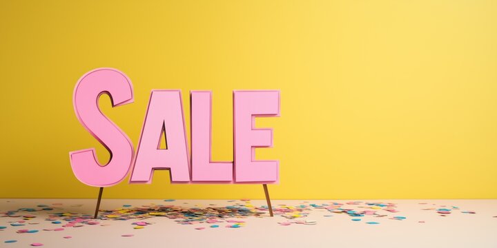 Bright pink sale sign on yellow background with confetti celebrating discount event