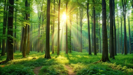 Obraz premium Dense forest landscape with tall trees and sunlight filtering through leaves , green woods, peaceful, green woods, peaceful