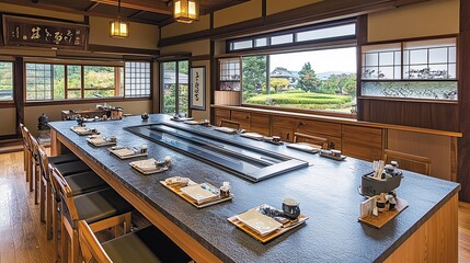 Japanese restaurant, hilltop view, sushi counter, interior, dining