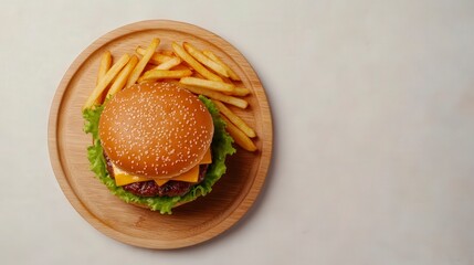 Delicious cheeseburger with fresh lettuce served on a wooden plate with crispy French fries on a light background