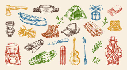 Hand drawn vintage sketch of colorful camping travel set with tourist gear and accessories on light background