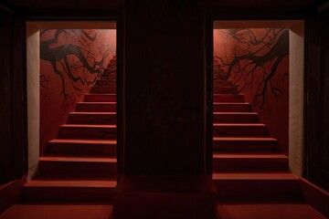 Illuminated stairway ascending to bright doorway above