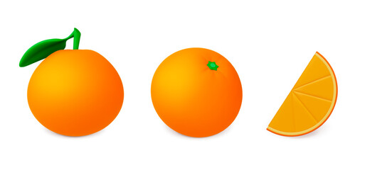 Oranges 3d icons. Realistic full mandarin and slice. Isolated tangerines rendering style symbols. Fresh juicy vitamin C fruits for dessert and drinks, vector set