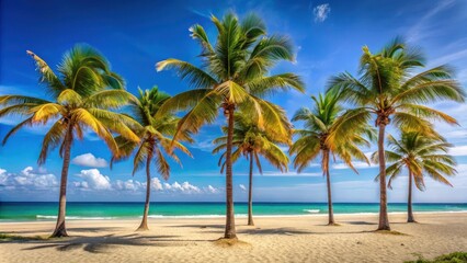 Obraz premium Tall palm trees sway gently on Varadero beach in Cuba against a bright blue sky and warm golden sand, beach, sand, beach, sand
