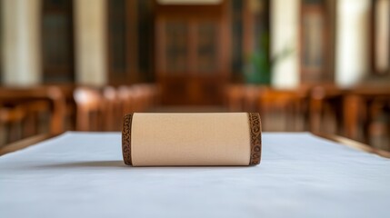 Fototapeta premium Elegant Decorative Scroll on White Table in Cozy Interior of a Historic Building