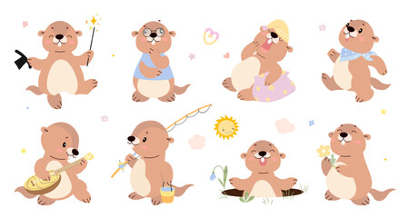 Obraz premium Funny groundhogs. Cartoon groundhog in different poses, funny marmots fishing, sleeping, doing magic. Wild underground animals, nowaday vector clipart