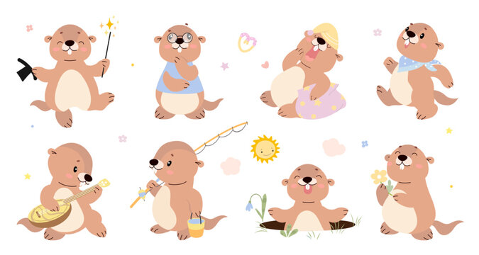 Funny groundhogs. Cartoon groundhog in different poses, funny marmots fishing, sleeping, doing magic. Wild underground animals, nowaday vector clipart