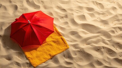 A red umbrella on a yellow towel on a sandy beach.