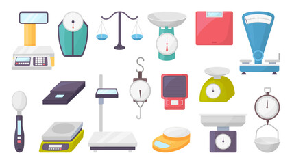 Cartoon scales. Isolated scale for bathroom, kitchen, retail, industrial, medicine. Weight measurement elements, weighing ingredients, neoteric vector clipart