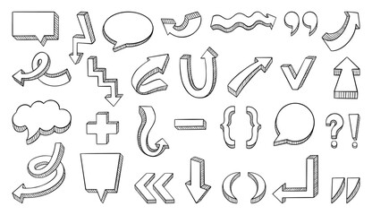 Hand drawn 3d elements. Doodle arrows, brackets, punctuation and emotion marks. Sketch style speech bubbles. Stickers for planning, neoteric vector clipart