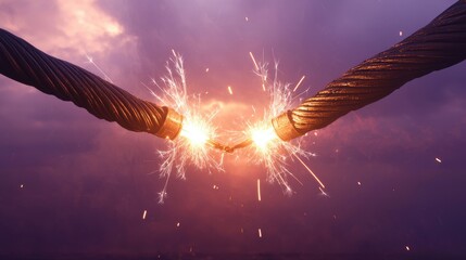 Electric sparks connecting two cables in a dramatic setting