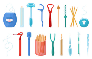 Toothpicks and flosses. Elements of dental and oral hygiene, plastic wooden toothpick and brushes. Isolated different stomatology items, neoteric vector set