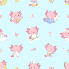 Axolotl seamless pattern. Decorative baby background, print with funny pink cartoon axolotls for fabric or wallpaper. Mexican salamanders nowaday vector backdrop