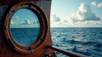 Ocean View from Ship Porthole, Calm Sea Horizon, Blue Sky with Clouds, Nautical Travel Concept, Marine Journey, Adventure, Relaxation, Tranquil Water Landscape, Maritime Vacation Stock Photo