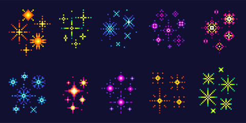 Pixel style fireworks. Art colorful sparkles, stars and glitters. Christmas y2k signs, 8-bit video games elements. Festive party compositions, neoteric vector set