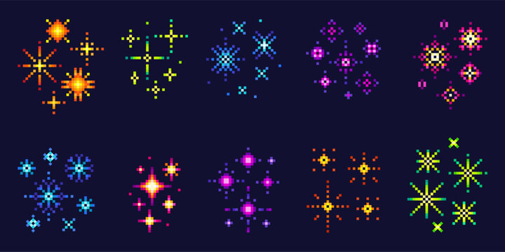 Pixel style fireworks. Art colorful sparkles, stars and glitters. Christmas y2k signs, 8-bit video games elements. Festive party compositions, neoteric vector set