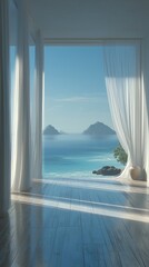Fototapeta premium Serene Ocean View from a Bright Coastal Room