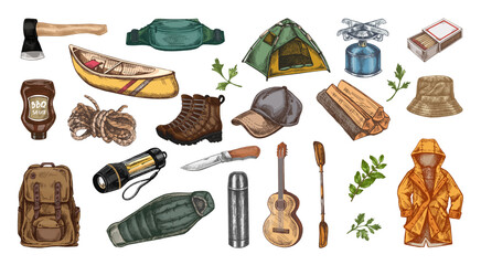 Hand drawn vintage sketch of colorful camping travel gear and accessories set for hiking and outdoor adventures