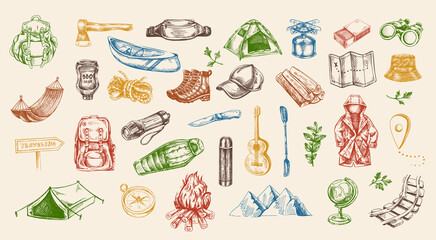 Hand drawn vintage sketch of colorful camping travel gear and outdoor adventure items in engraved outline style