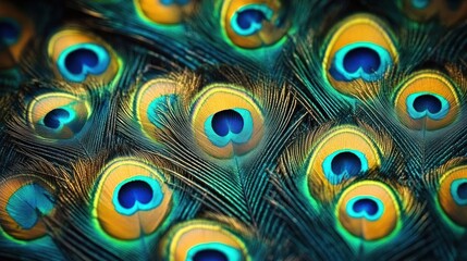 Close-up view of the vibrant and intricate pattern of peacock feathers with iridescent blue, green, and gold colors creating a mesmerizing natural design