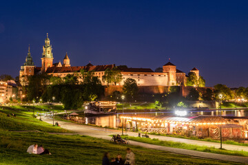 Wawel Castle Illuminated at Blue Hour in Cracow, Poland..