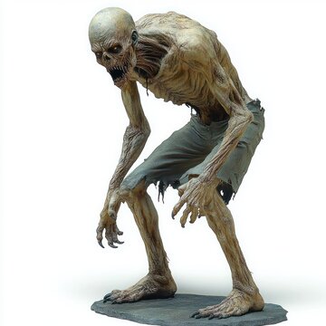 emaciated humanoid creature with skeletal features and torn shorts crouching menacingly against a white background