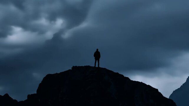 A silhouette of a lone person at the mountain peak against a dramatic cloudy sky. The mood is solitude, strength of soul, freedom, and deep reflection on the meaning of the journey and life.