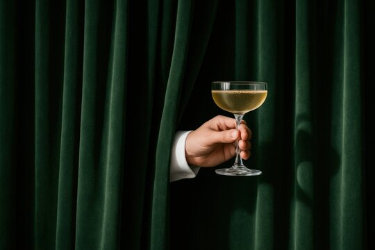 Hand Holding Champagne Coupe Emerging from Elegant Emerald Green Velvet Curtain, Celebrating with Style and Sophistication in Dramatic Lighting. - Powered by Adobe
